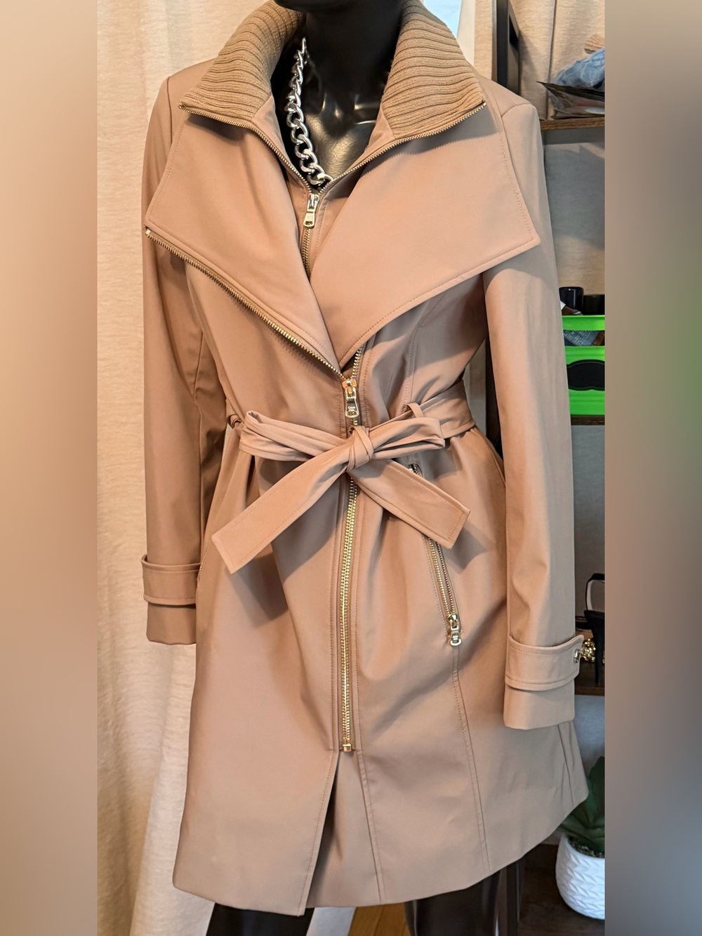 Calvin Klein Beige Taupe Trench Coat with Belt & Gold Zippers